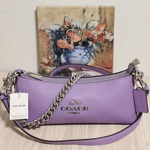 Coach Charlotte Shoulder Bag Pebbled Leather Crossbody Purple Iris Silver chain